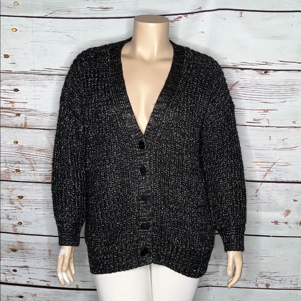 Modcloth NWT Size 1X Black - Metallic Silver Button Down Chunky Sweater Cardigan